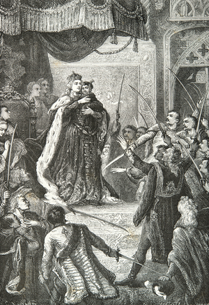 Maria Theresa of Austria with the future Joseph 2 in front of the Hungarian Magnates, 1741 (Engraving)