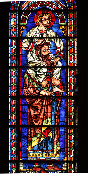 Jeremiah with St Luke on his shoulders (w122) (stained glass)