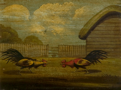Two Cocks Fighting (oil on card)