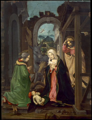 Nativity with Saint Catherine. Adoration of Baby Jesus with the Madonna, Saint Joseph and Saint Catherine, c.1495 (oil on panel)