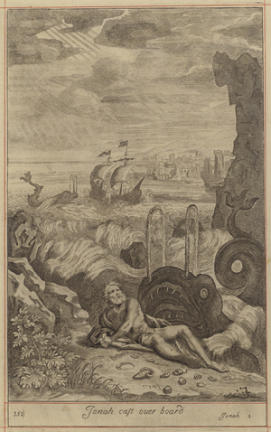 Jonah cast over board (engraving)