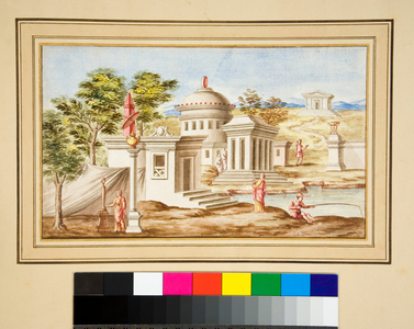 Large design of a wall with paintings. (black chalk, some with pen and brown ink. coloured with w/c)