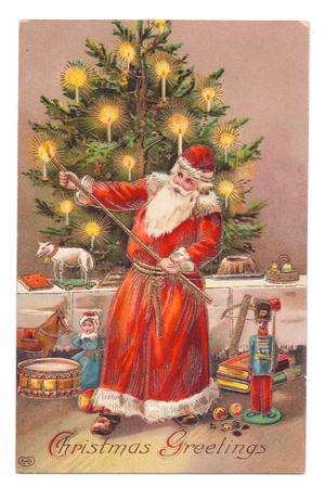Edwardian Christmas postcard of Father Christmas lighting candles on the Christmas tree, c.1910 (colour litho)
