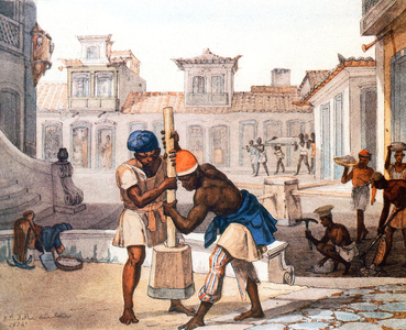 paver workers in Brazil 19th century (around 1824?) watercolor by Jean Baptiste Debret best illustrator of 19th-century