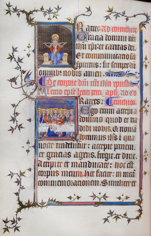 Historiated initial 'F'(ratres) of the Trinity, at the reading for Trinity Sunday, and an historiated initial 'F'(ratres) of the Last Supper, at the reading for Corpus Christi, with partial bar borders