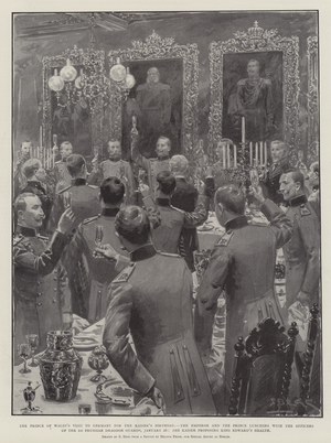 The Prince of Wales's Visit to Germany for the Kaiser's Birthday, the Emperor and the Prince lunching with the Officers of the 1st Prussian Dragoon Guards, 26 January, the Kaiser proposing King Edward's Health (litho)