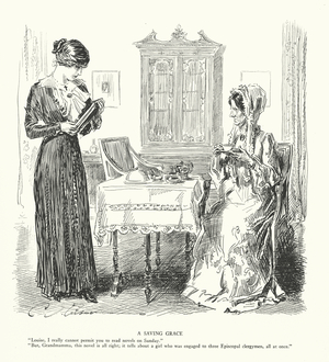 A Saving Grace. "Louise, I really cannot permit you to read novels on Sunday." "But, Grandmamma, this novel is all right; it tells about a girl who was engaged to three Episcopal clergymen, all at once" (litho)