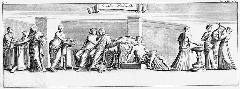 Roman marriage ceremony. Copperplate engraving after antique painting at the Aldobrandin Palace 