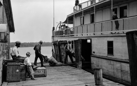 African-American deckhands load barrels and other cargo on a strenwheeler boat on the…, 1929 (photo)