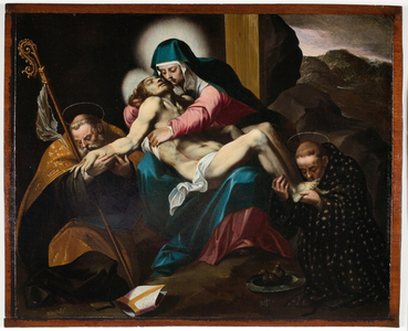 Lamentation with Saints Augustine and Nicholas of Tolentino, 1590s (oil & shell gold on panel)