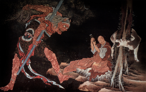 Buddhist priest warding off a demon, ink on paper attributed to Katsushika Hokusai, c.1845