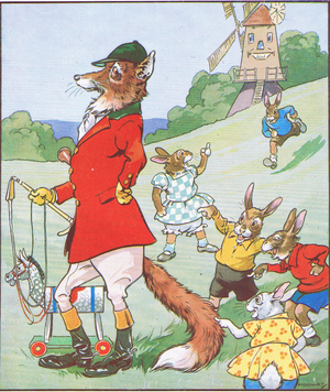 "Well this is a joke!" says Bob-Tail, "Come and look at Mr Foxy!", from The Funny Bunnies published by Raphael Tuck, c. 1920 (colour litho)