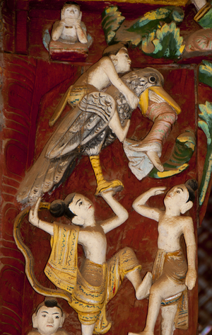Burma / Myanmar: Elaborate woodcarving showing a scene from a Burmese folk tale in a pavilion at the Shwezigon Pagoda, Bagan (Pagan) Ancient City