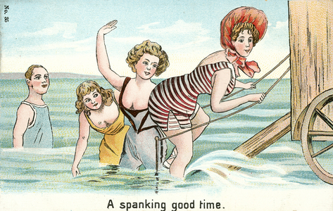 Woman climbing into a bathing machine at the seaside about to have her backside spanked (chromolitho)