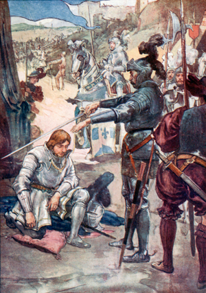 'Taking his Sword, he said, "Please God, Sir, that in War you may never take Flight"' (colour litho)