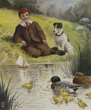 A quiet sail: a boy playing with his toy boat on a duckpond (colour litho)