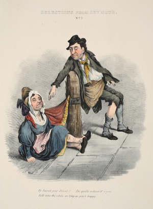Selections from Seymour: No. 2, Why Sarah your drunk! I'm quite ashamed o'you. Vell vots the odds, as long as you'r happy, pub c. 1840 (hand coloured engraving)
