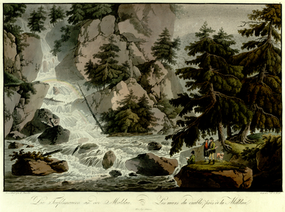 An artist draws and two huntsmen talk under some trees by the Vltava River in the foreground, with a waterfall and the rock face called Devil's Walls in the background