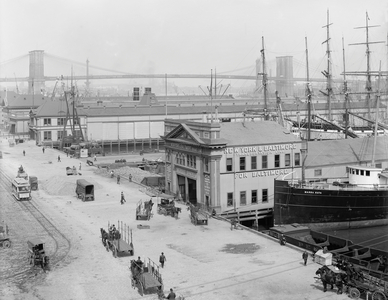 Piers Along South Street with Brooklyn Bridge in Background, New York City, USA, c.1908 (b/w photo)