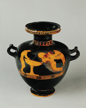 Woman standing before a cup-shaped vase …