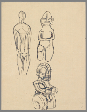 After Three Oceanian Sculptures from the Magazine 'Cahiers d’Art', no. 2-3, 1929 (pen & ink on paper)