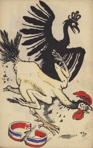 French cockerel fleeing from the German eagle (colour litho)
