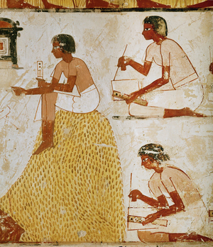 Scribes with reed pens and papyrus sheets measuring and recording the harvest