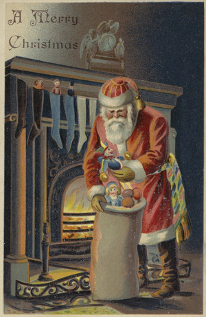 Father Christmas filling children's stockings (chromolitho)
