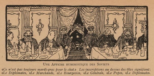 Soviet propaganda cartoon mocking the excesses of old regime of the tsar: diplomats, merchants, the Bougeoisie, generals, and the Patriarch of the Russian Orthodox Church (litho)