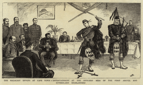 The Malagasy Envoys at Cape Town, Entertainment at the Officers' Mess of the First Argyll and Sutherland Highlanders (engraving)