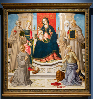 Mystical Marriage of St. Catherine of Alexandria and Saints Francis, Jerome, Anthony of Padua, Elizabeth of Hungary and Bernardino of Siena, 1515-20 (gold and tempera painting on panel)