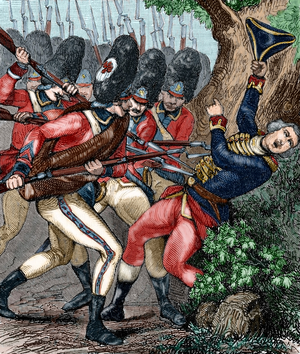 Death of french captain Nicolas-Louis d'Assas (1733-1760). Colored engraving by Dupre.