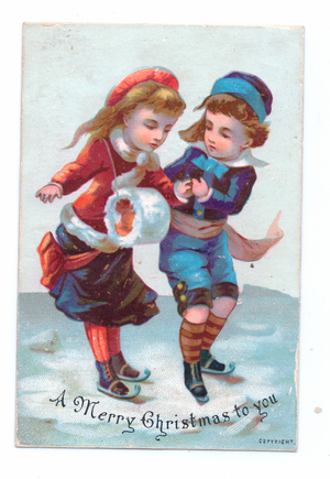 A Victorian Christmas card of a boy and a girl skating, c.1880 (colour litho)