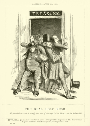 Punch cartoon regarding John Bright: The Real Ugly Rush, 30 April 1859 (engraving)