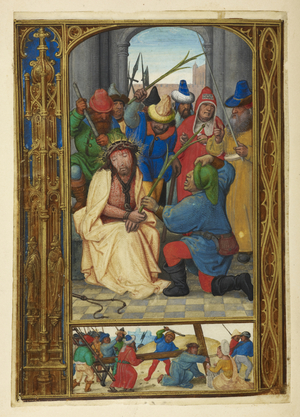 Jesus Christ being mocked by soldiers. Below, Christ stumbles as he bears the cross to Calvary.