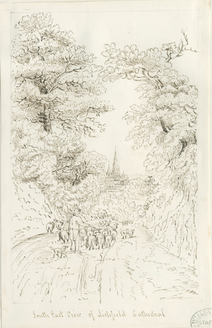 Lichfield Cathedral - South East View (distant): pen drawing, nd [19th cent] (drawing)