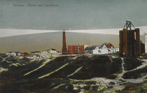'Borkum - dunen und leuchtturm'. Dunes and a lighthouse. Borkum is the largest and westernmost of the East Frisian Islands in the North Sea, off the coast of East Frisia in Lower Saxony, Germany.