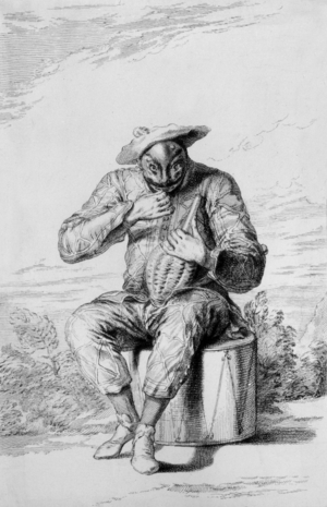 Commedia dell'arte character : Arlequin, engraving after Claude Gillot, 17th century