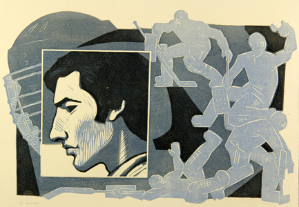 Vladislav Tretyak, a former goalkeeper for the Soviet Union's national ice hockey team, 1978 (linocut)