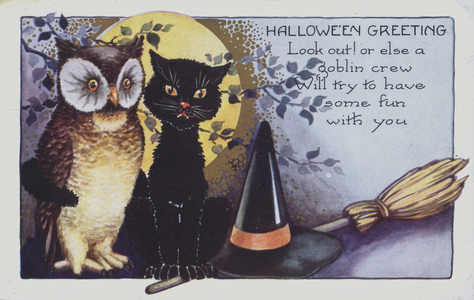 Halloween greetings card showing an owl, a cat and a witches hat at night. (chromolitho)