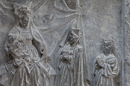Cathedral collection. Bas-Relief. Stone. Devotion monument of Marie Folette (Monument votif de Marie Folette). Origin of the brotherhood (Frères Mineurs de Tournai). Ca 1440. Detail.
