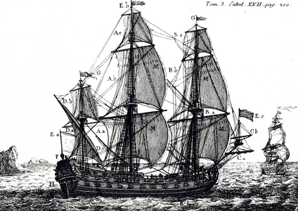 A woodblock engraving depicting a first-rate ship of the line carrying sail, 18th century
