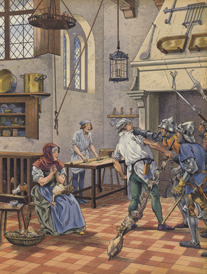 A cook seized in his kitchen by men-at-arms on suspicion of having attempted to poison the King (colour litho)