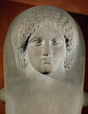 Woman's head on the lid of an anthropoid sarcophagus, from Damascus, Syria