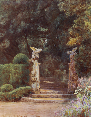 Italian Gardens: The Dragon Gateway, Villa Garzoni (colour litho)