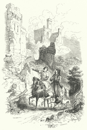 The chronicler Jean Froissart visiting the ruins of an old castle (engraving)