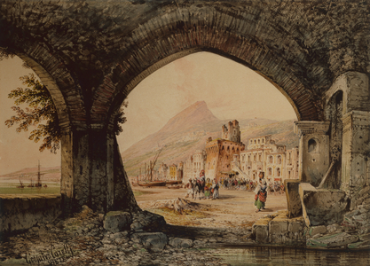 A Village Assembly, Italy (pencil and watercolour)