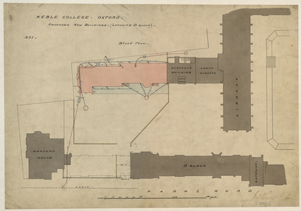 Keble College - Proposed New Buildings opposite block D. No 1. Block plan, c.1865-c.1880 (pen & ink and wash on paper)