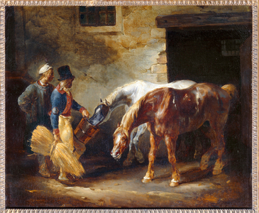 Deux chevaux de poste à la porte d' une ecurie - Two postal horses before the door of a stable. Salon de Douai …