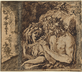 Bacchus and Ceres (pen and brown ink; piece of paper added on left, with additional drawing by a later hand in ink of a different color)